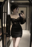 Elegant Square - Neck White Lace Long - Sleeve Mini Dress