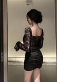 Elegant Square - Neck White Lace Long - Sleeve Mini Dress