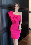 Stunning One - Shoulder Hot Pink Bow - Embellished Bodycon Dress