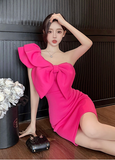 Stunning One - Shoulder Hot Pink Bow - Embellished Bodycon Dress