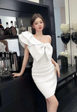Stunning One - Shoulder Hot Pink Bow - Embellished Bodycon Dress