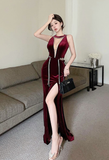 Elegant Sleeveless Black Dress with Silver Trim and Split