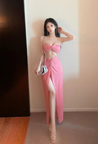 Charming Strapless Pink Cut - out Knot Front Slit Maxi Dress