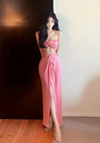 Charming Strapless Pink Cut - out Knot Front Slit Maxi Dress