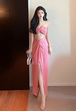 Charming Strapless Pink Cut - out Knot Front Slit Maxi Dress