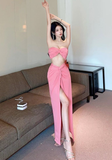 Charming Strapless Pink Cut - out Knot Front Slit Maxi Dress