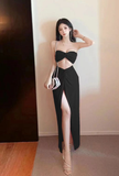 Charming Strapless Pink Cut - out Knot Front Slit Maxi Dress