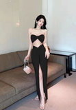 Charming Strapless Pink Cut - out Knot Front Slit Maxi Dress