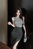 Stylish Sleeveless Grey Top with Black Slit Midi Skirt