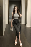 Stylish Sleeveless Grey Top with Black Slit Midi Skirt