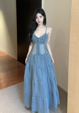 Charming Spaghetti Strap Denim Corset - Style Tiered Maxi Dress