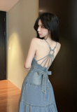 Charming Spaghetti Strap Denim Corset - Style Tiered Maxi Dress