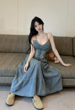 Charming Spaghetti Strap Denim Corset - Style Tiered Maxi Dress
