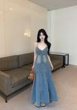 Charming Spaghetti Strap Denim Corset - Style Tiered Maxi Dress
