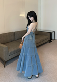 Charming Spaghetti Strap Denim Corset - Style Tiered Maxi Dress