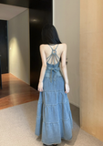 Charming Spaghetti Strap Denim Corset - Style Tiered Maxi Dress