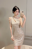 Stunning Asymmetric Black Sparkly Dress with Shoulder Chains
