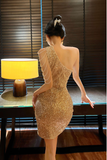 Stunning Asymmetric Black Sparkly Dress with Shoulder Chains
