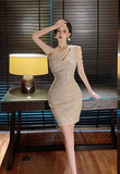 Stunning Asymmetric Black Sparkly Dress with Shoulder Chains