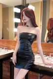 Chic Strapless Black Faux Leather Ruched Mini Dress