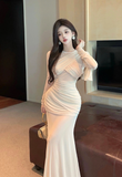 Elegant Long - Sleeve Beige Ruched Mesh Maxi Dress