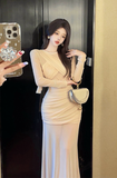Elegant Long - Sleeve Beige Ruched Mesh Maxi Dress