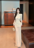 Elegant Long - Sleeve Beige Ruched Mesh Maxi Dress