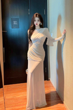 Elegant Long - Sleeve Beige Ruched Mesh Maxi Dress