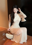 Elegant Long - Sleeve Beige Ruched Mesh Maxi Dress