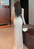 Elegant Long - Sleeve Beige Ruched Mesh Maxi Dress