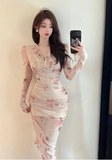 Elegant Long - Sleeve Floral Print Wrap Midi Bodycon Dress