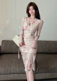 Elegant Long - Sleeve Floral Print Wrap Midi Bodycon Dress