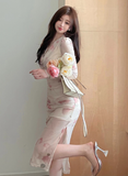 Elegant Long - Sleeve Floral Print Wrap Midi Bodycon Dress