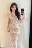 Elegant Long - Sleeve Floral Print Wrap Midi Bodycon Dress