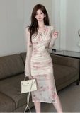 Elegant Long - Sleeve Floral Print Wrap Midi Bodycon Dress
