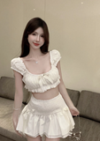 Charming Puff - Sleeve White Crop Top and Ruffled Skirt Set