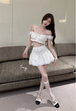 Charming Puff - Sleeve White Crop Top and Ruffled Skirt Set