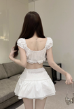 Charming Puff - Sleeve White Crop Top and Ruffled Skirt Set