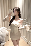 Stylish Off - Shoulder Ivory Lace and Satin Bodycon Dress