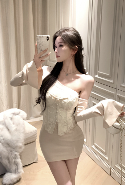 Stylish Off - Shoulder Ivory Lace and Satin Bodycon Dress