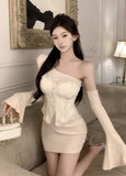 Stylish Off - Shoulder Ivory Lace and Satin Bodycon Dress