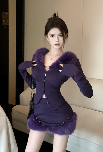 Charming Long - Sleeve Purple Fur - Trimmed Two - piece Skirt Set