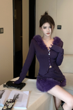 Charming Long - Sleeve Purple Fur - Trimmed Two - piece Skirt Set