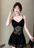 Stylish Sleeveless Black Floral Lace Babydoll Dress