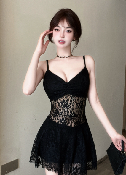 Stylish Sleeveless Black Floral Lace Babydoll Dress