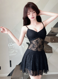 Stylish Sleeveless Black Floral Lace Babydoll Dress