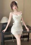 Delicate Spaghetti Strap Ivory Satin Ruched Mini Dress