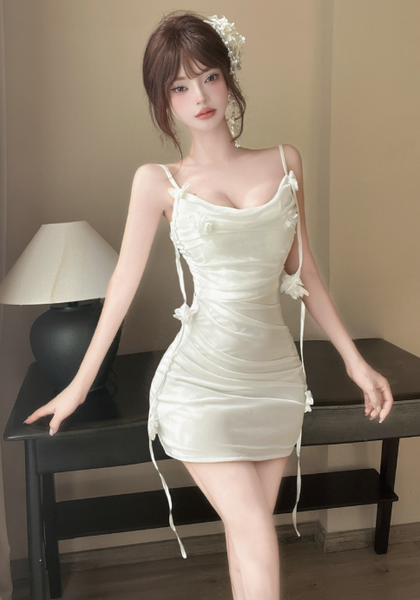 Delicate Spaghetti Strap Ivory Satin Ruched Mini Dress