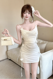Delicate Spaghetti Strap Ivory Satin Ruched Mini Dress