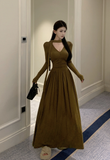 Elegant Long - Sleeve Olive Green Halter Neck Maxi Dress